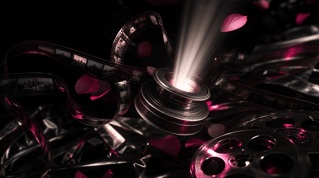 A refined arrangement of camera film strips, flower petals, reflective metal, and beams of light assembling themselves i