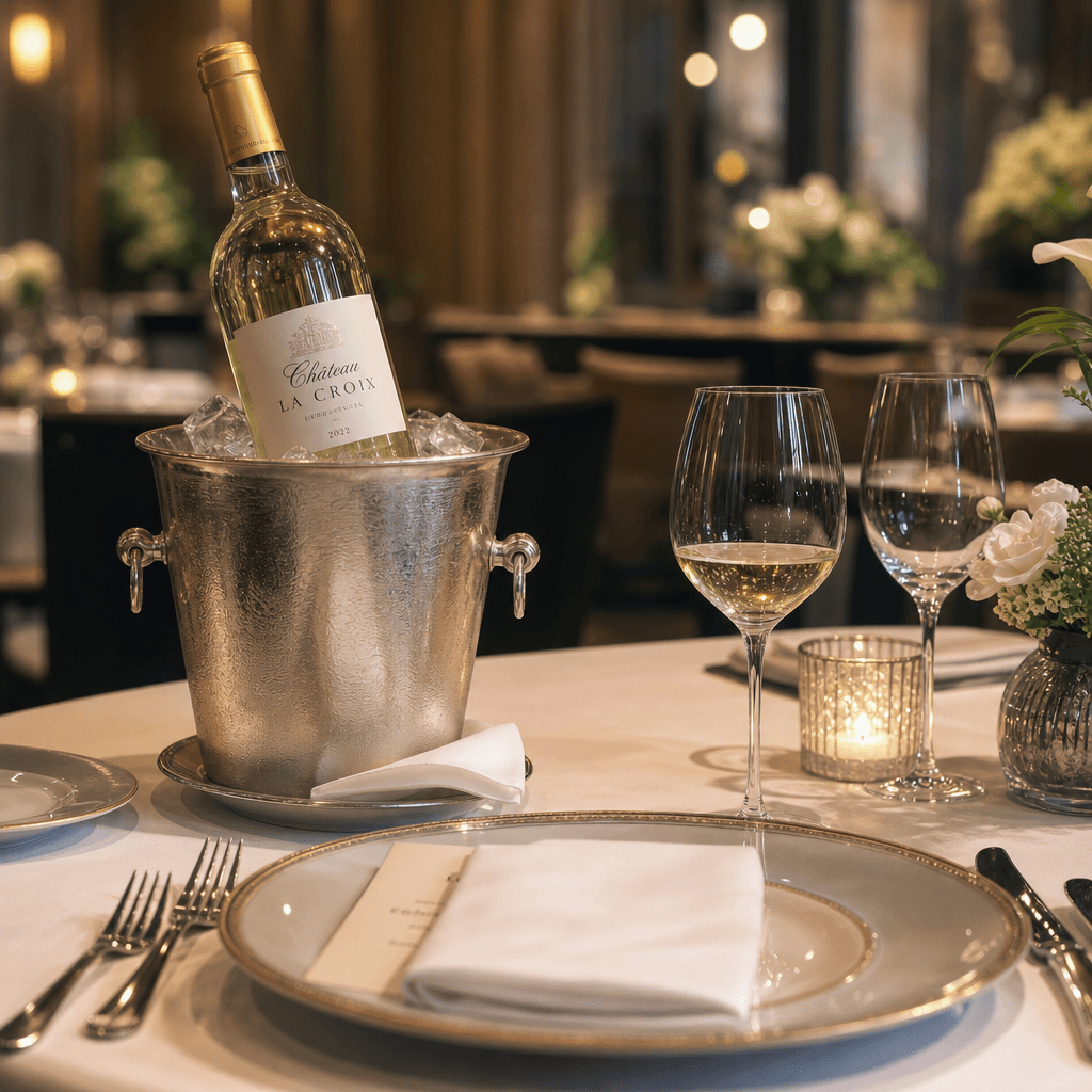 White wine bottle in ice bucket at table, elegant place setting, fine dining ambiance, professional service styling.