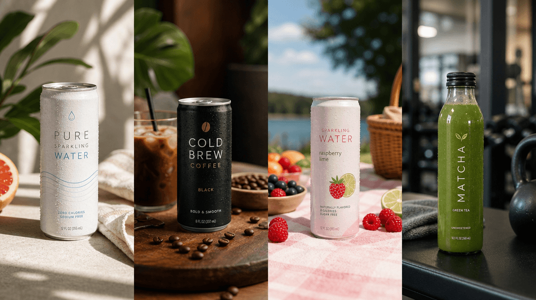 Multiple beverage variations displayed in different lifestyle contexts side-by-side, showing compositional diversity, pr