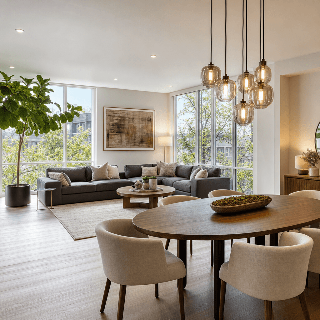 AI virtually staged open-plan living and dining space in warm contemporary style. Modular slate-grey sectional sofa, ova