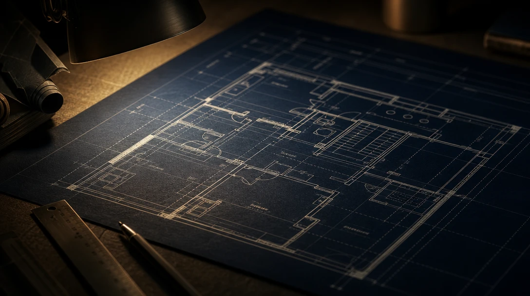 Dark editorial close-up of an architectural floor plan — crisp white line drawings on deep navy paper, soft desk lamp li
