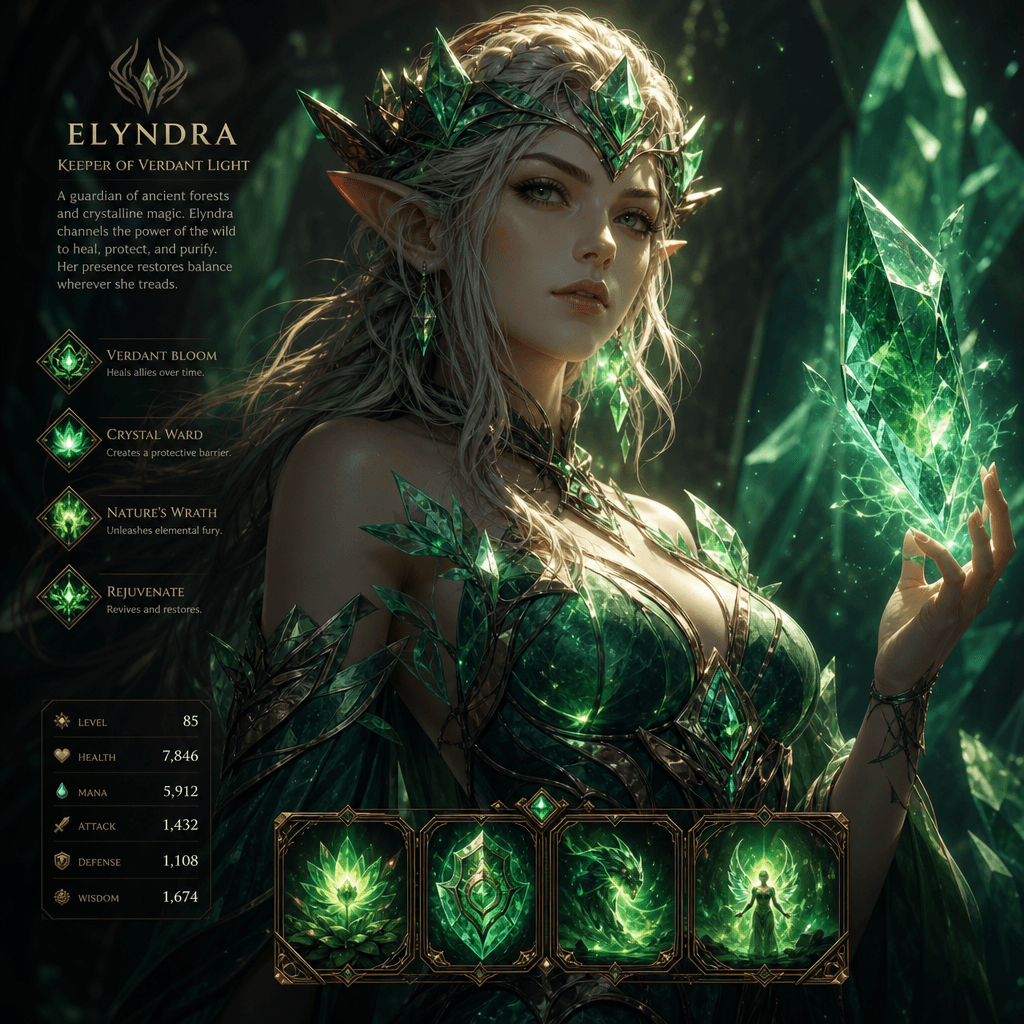 Fantasy game portrait with crystal aesthetic. Magical green glow effects, dimensional character render, fantasy RPG styl