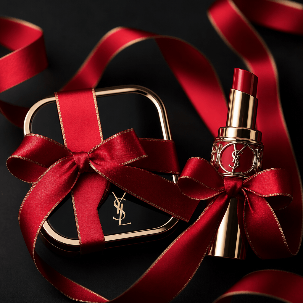Beauty product (lipstick or compact) wrapped in glossy red ribbon with gold accents, bow detail, dark background, luxury