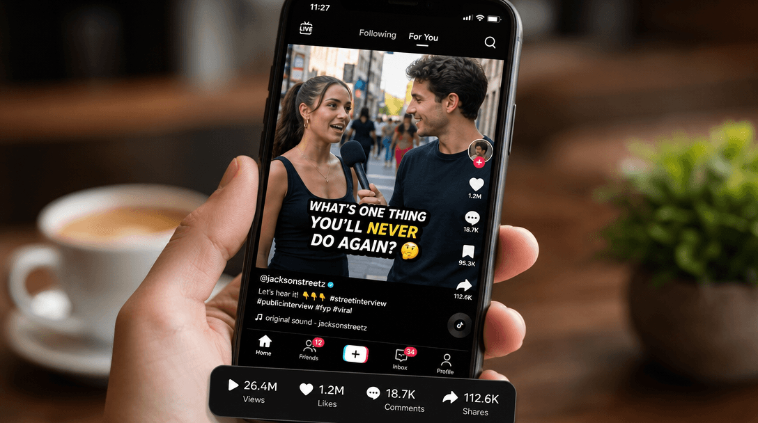 Smartphone displaying viral street interview video with high engagement metrics visible, bright engaging content, social
