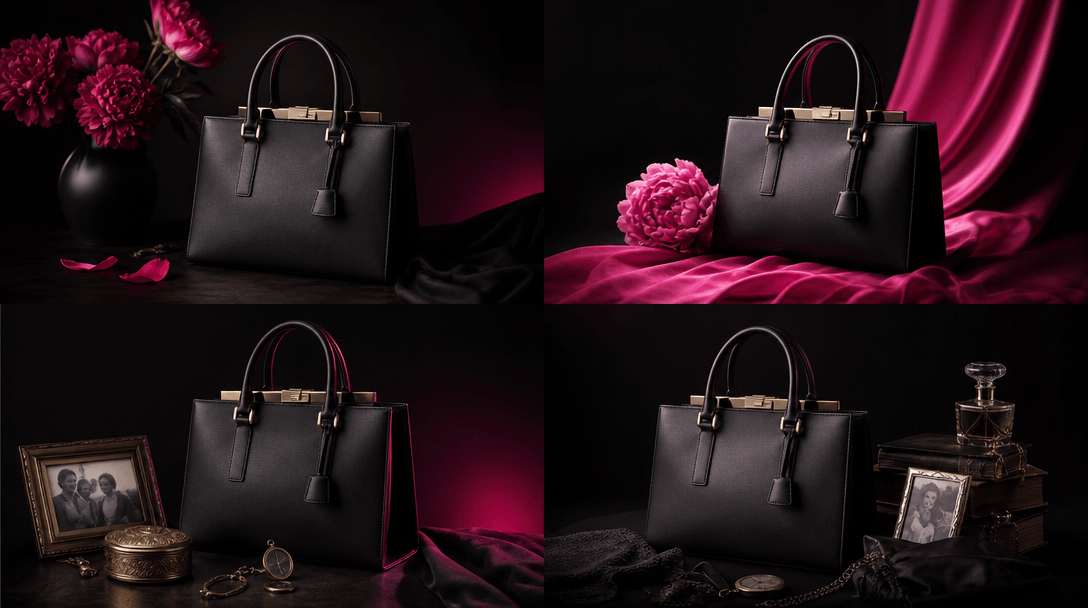 Four distinct arrangements of the same premium product suggested through changing light, fabric, flowers, and family kee