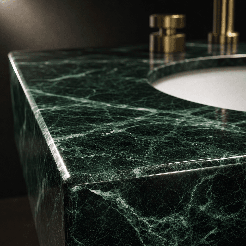 Extreme macro close-up of a bathroom vanity countertop in polished verde alpi marble — rich emerald veining on a dark gr
