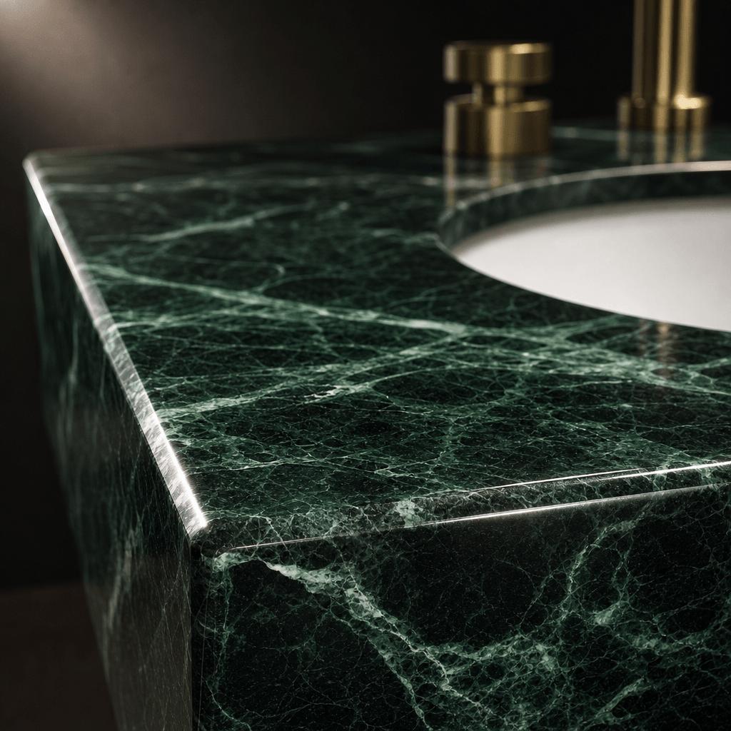 Extreme macro close-up of a bathroom vanity countertop in polished verde alpi marble — rich emerald veining on a dark gr