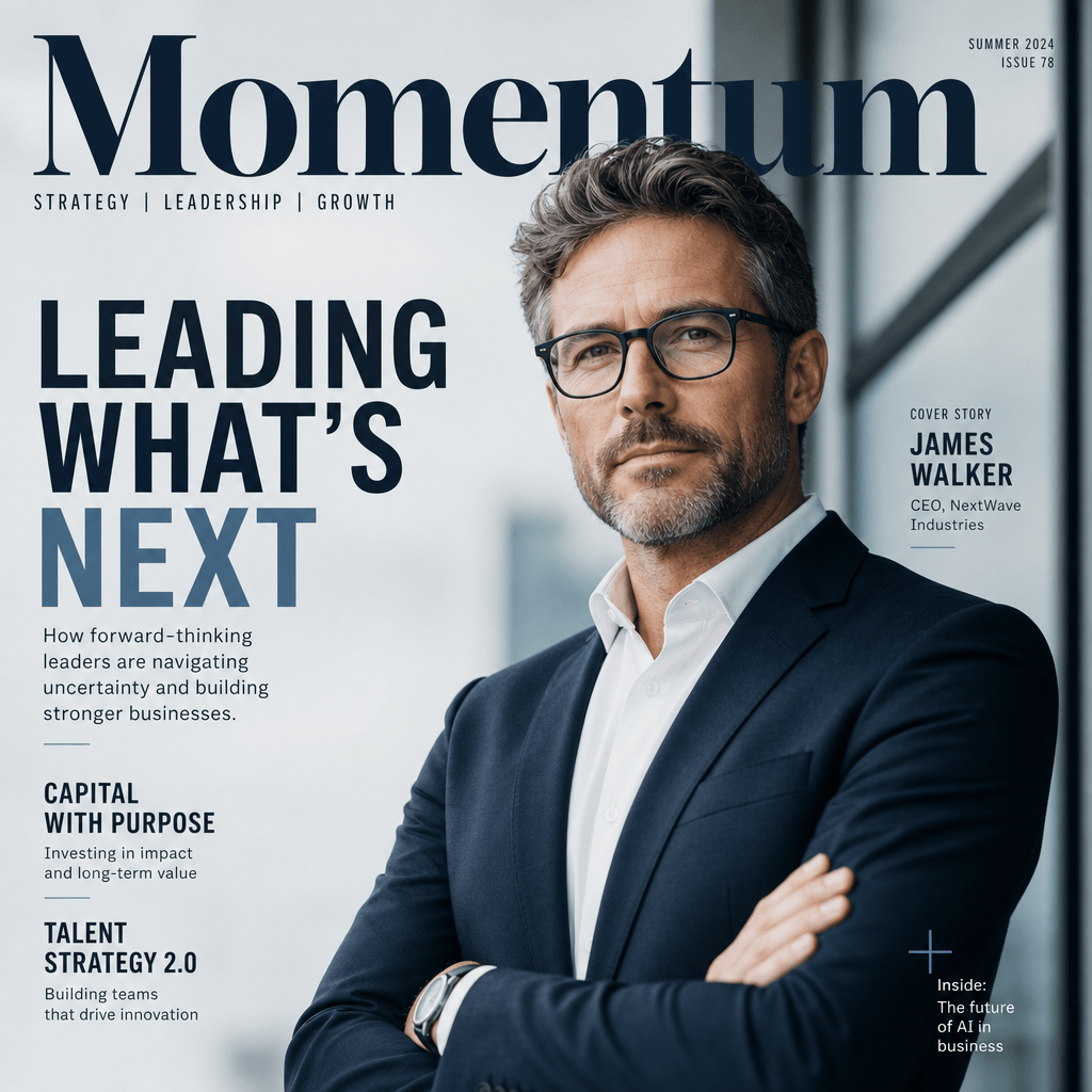 Business magazine cover style featuring professional in corporate setting, serious confident expression, minimalist desi