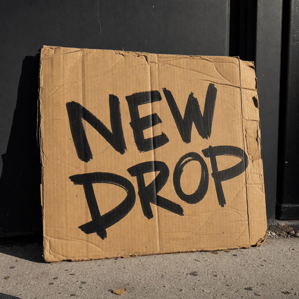 Cardboard sign with 'NEW DROP' in bold hand-written style, weathered tan cardboard, authentic creases and wear, street p