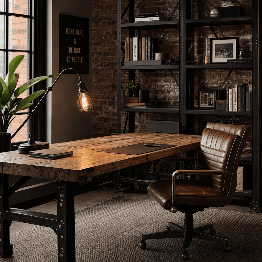 Virtually staged home office in industrial style: wide reclaimed wood desk, matte black steel open shelving, exposed bri