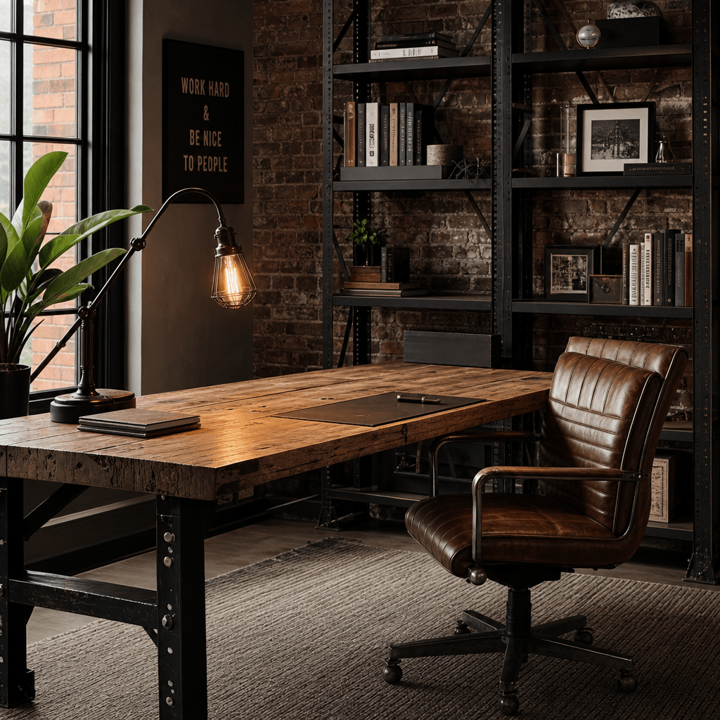 Virtually staged home office in industrial style: wide reclaimed wood desk, matte black steel open shelving, exposed bri
