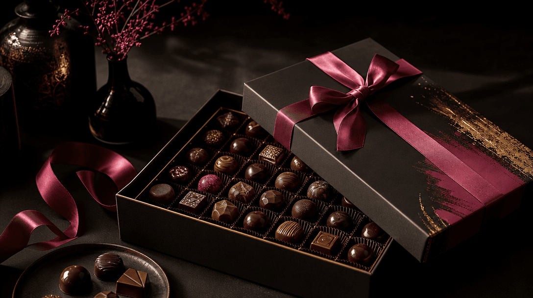 Open luxury gift box viewed across a dark studio table, layered with matte paper, satin ribbon, metallic foil details, a