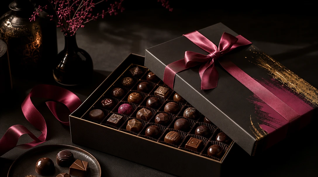 Open luxury gift box viewed across a dark studio table, layered with matte paper, satin ribbon, metallic foil details, a
