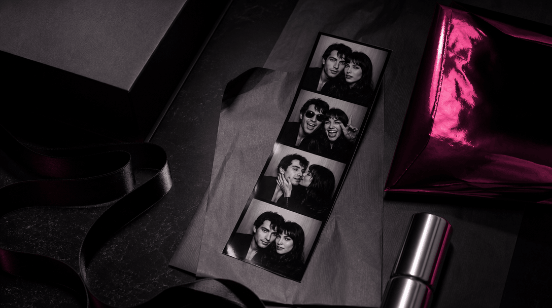 A finished photobooth strip integrated into an elegant campaign still life with folded editorial paper, satin ribbon, me