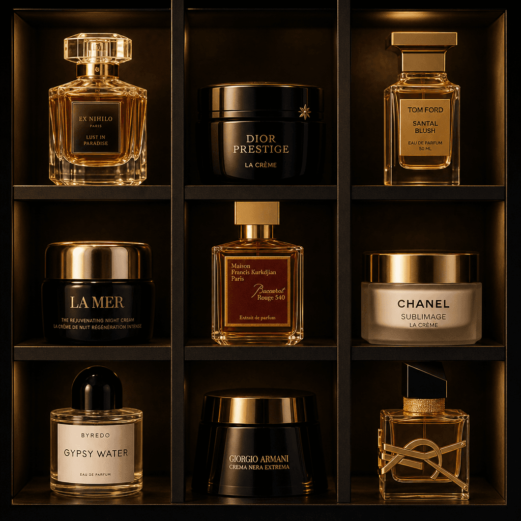Nine luxury beauty items in tic-tac-toe layout, mix of perfume bottles and skincare jars, warm golden lighting creating