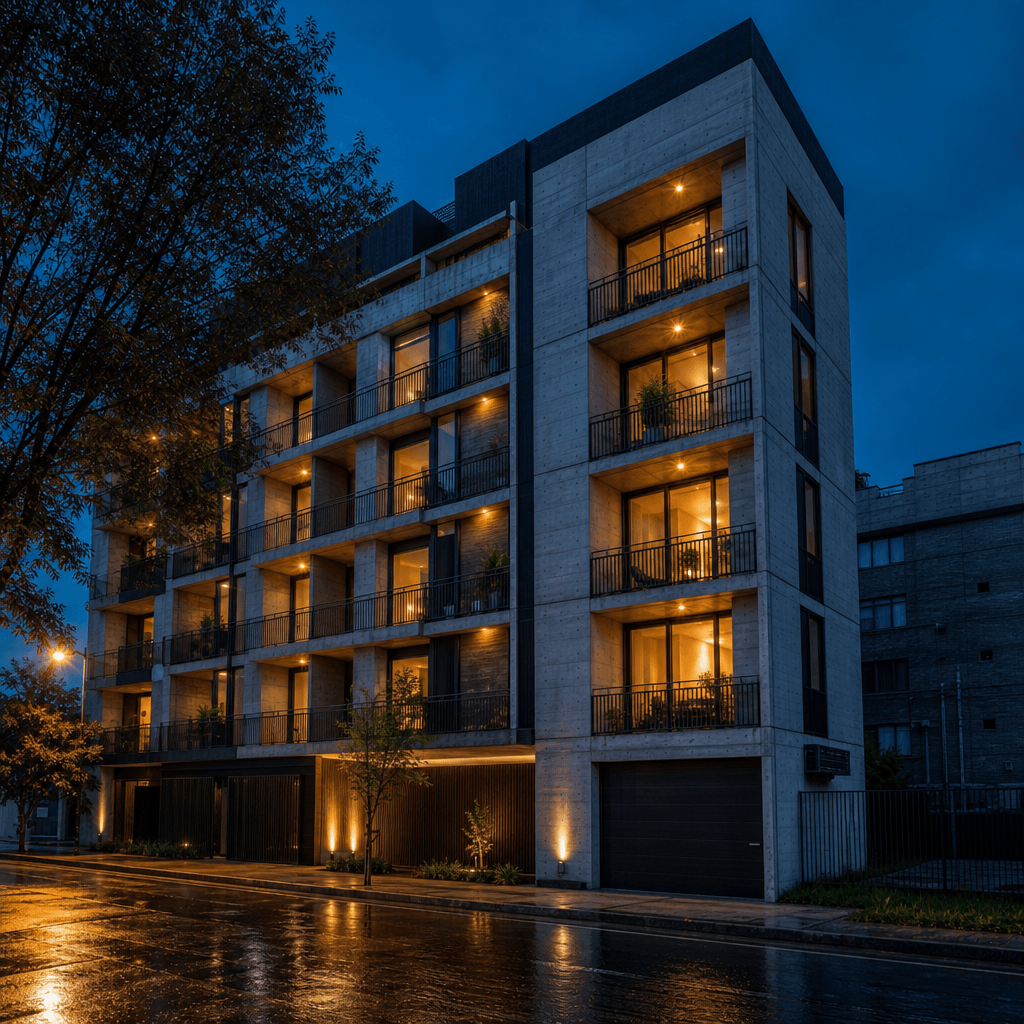 Photorealistic dusk render of a mid-rise urban apartment building facade. Exposed board-formed concrete with warm amber