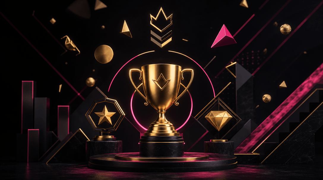 Abstract illustration of game mechanics: trophy shapes, achievement symbols, geometric prize elements. Dark background n