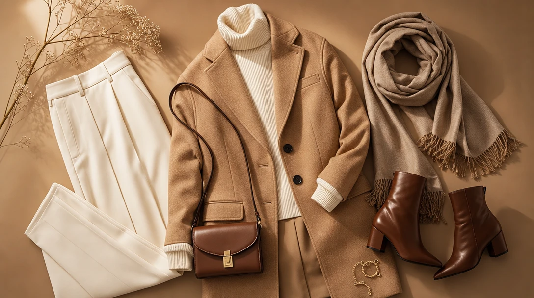 Multiple coordinated outfit pieces arranged artfully, professional fashion styling, warm key lighting, soft shadows, loo