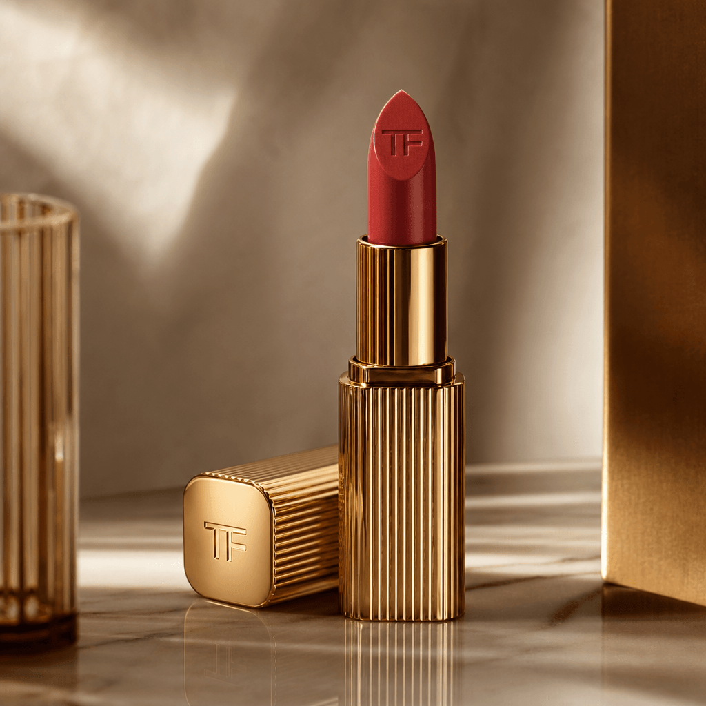 High-end cosmetics palette or lipstick with gold accents, luxury product photography, soft warm studio lighting, elegant