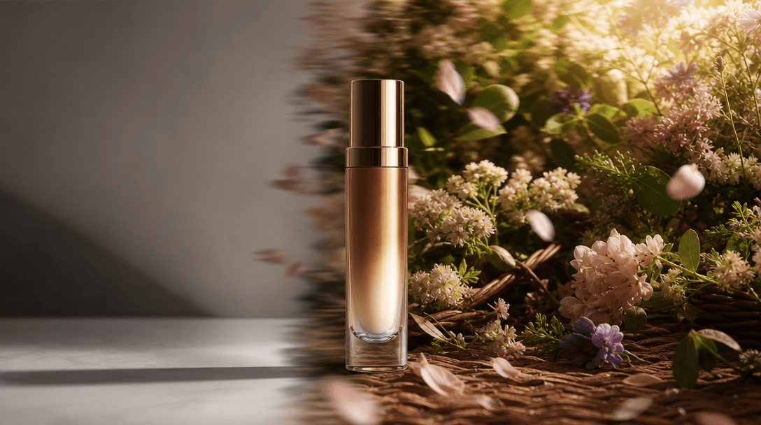 A single premium cosmetic bottle transitioning visually from a stark neutral packshot space into an abundant spring gard