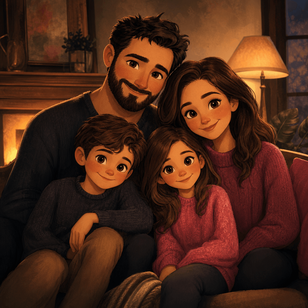 An original family portrait reimagined as a warm storybook cartoon, with expressive simplified features, softly painted