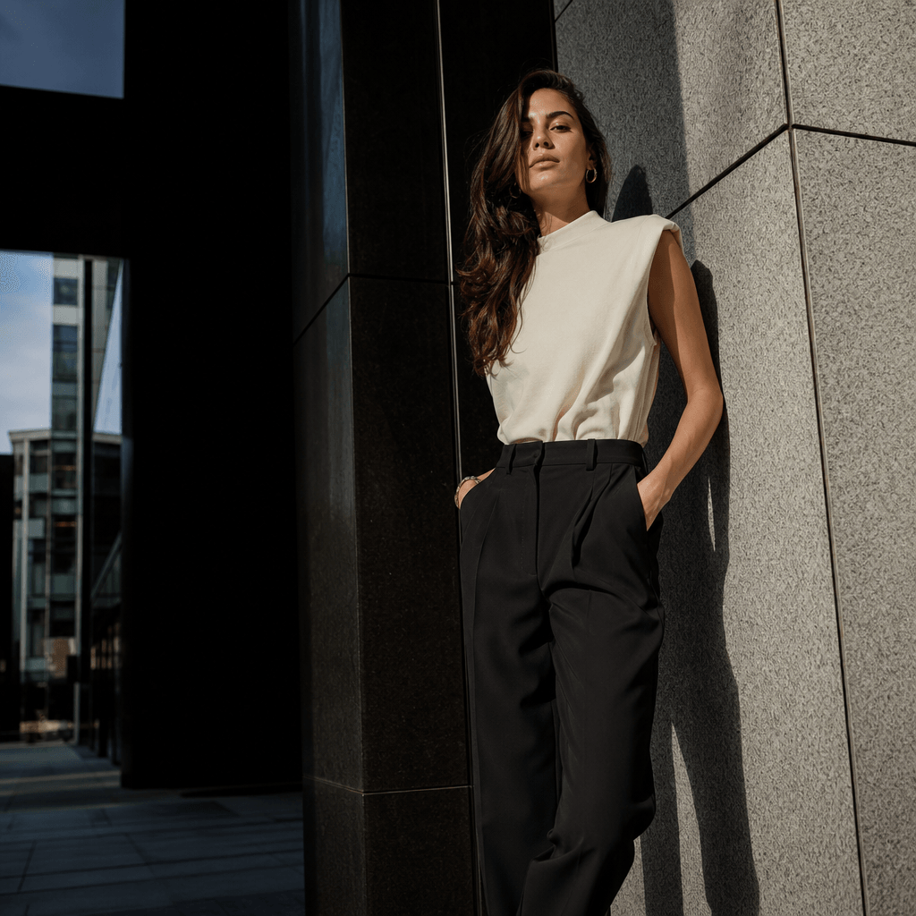 Street fashion shoot: model leaning against modern urban architecture, wearing fitted trousers and structured top, natur