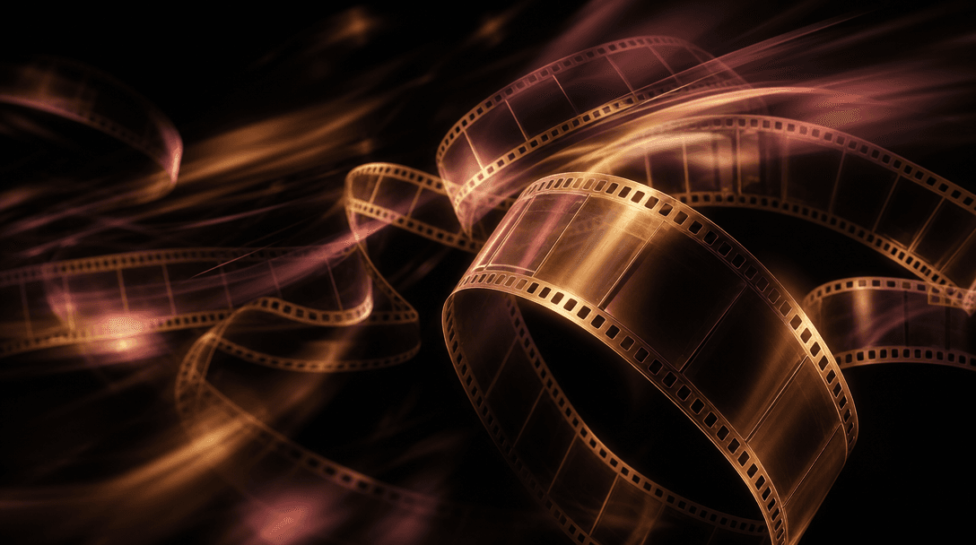 Abstract technology editorial: multiple translucent film-strip ribbons suspended mid-air with inner warm amber glow, ove