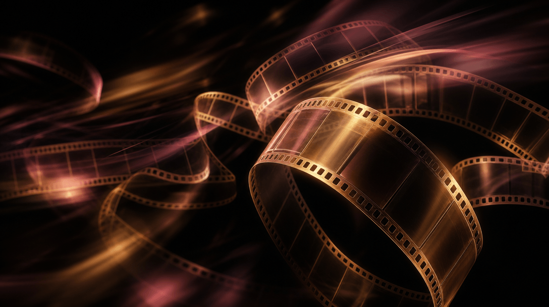 Abstract technology editorial: multiple translucent film-strip ribbons suspended mid-air with inner warm amber glow, ove