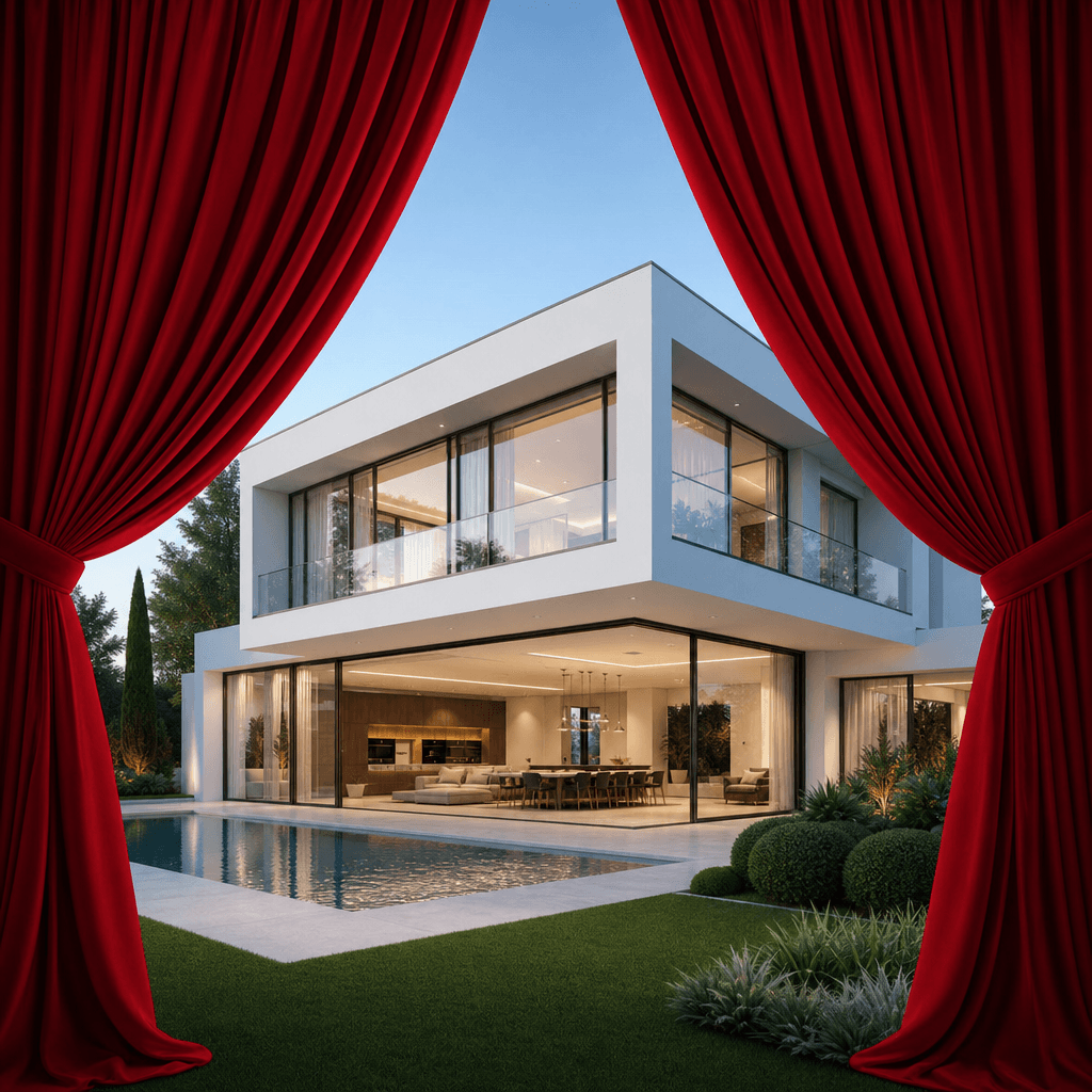 A sleek contemporary residential villa with crisp white render walls and floor-to-ceiling glazing, surrounded by manicur