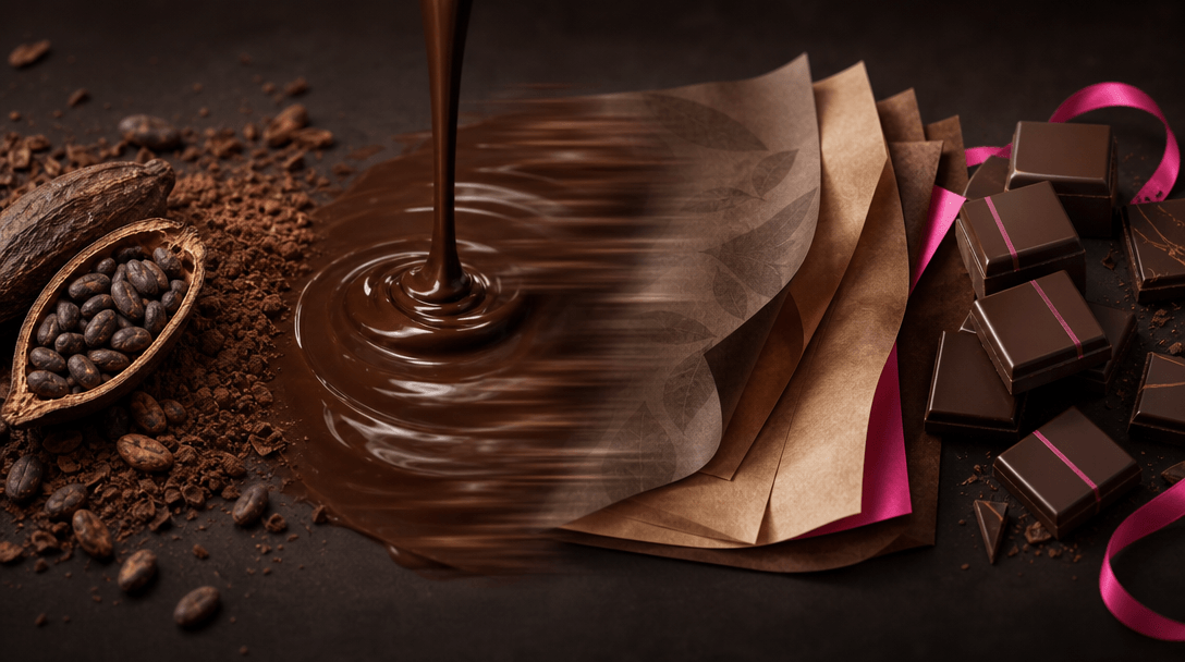 Conceptual product-production scene where raw cocoa, liquid chocolate, packaging paper, and polished chocolate pieces fo
