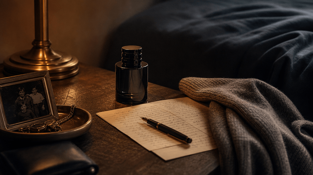 A premium lifestyle product integrated into an intimate domestic still life with a folded letter, family keepsake, soft