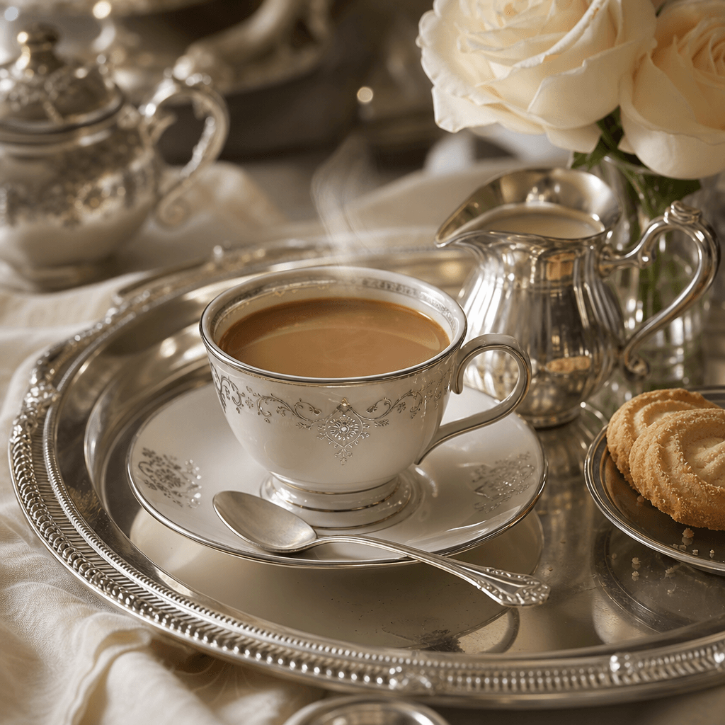 Beverage on silver tray. Professional food styling with warm coffee or tea in elegant cup on silver surface. Cozy ambien