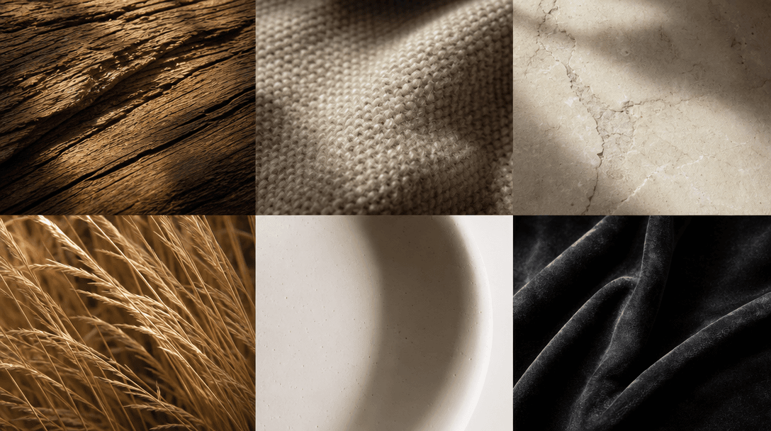 Widescreen abstract material study grid: six square panels of contrasting natural textures — rough oak wood grain, fine-