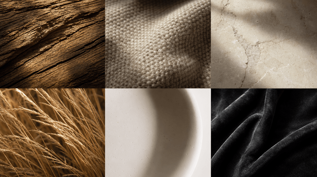 Widescreen abstract material study grid: six square panels of contrasting natural textures — rough oak wood grain, fine-