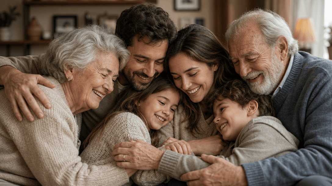 Family connection concept. Multiple generations in close proximity, hands touching, warm embrace. Intimate family bond m