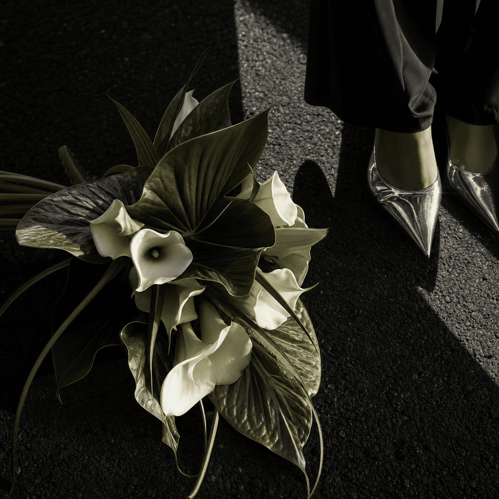 An architectural bouquet of calla lilies and sculptural green leaves on rough black asphalt beside pointed silver shoes.