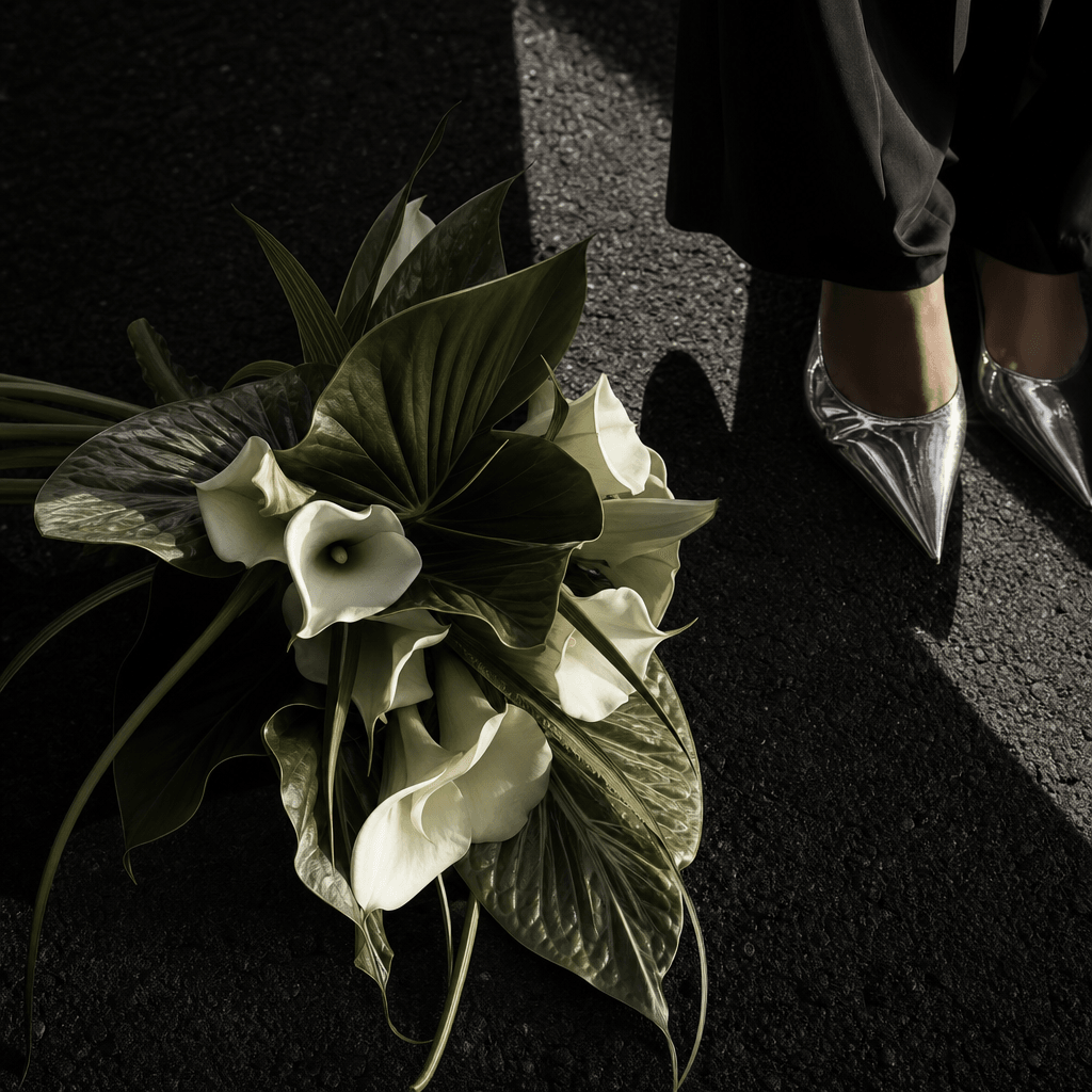 An architectural bouquet of calla lilies and sculptural green leaves on rough black asphalt beside pointed silver shoes.