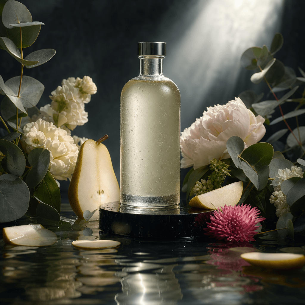 A translucent glass wellness bottle on a glossy black pedestal surrounded by pear slices, pale flowers, eucalyptus leave