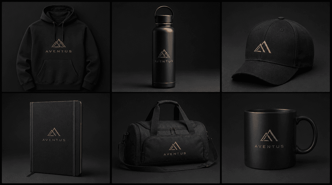 Six different merchandise items arranged in grid layout, professional product styling, studio lighting, brand consistenc