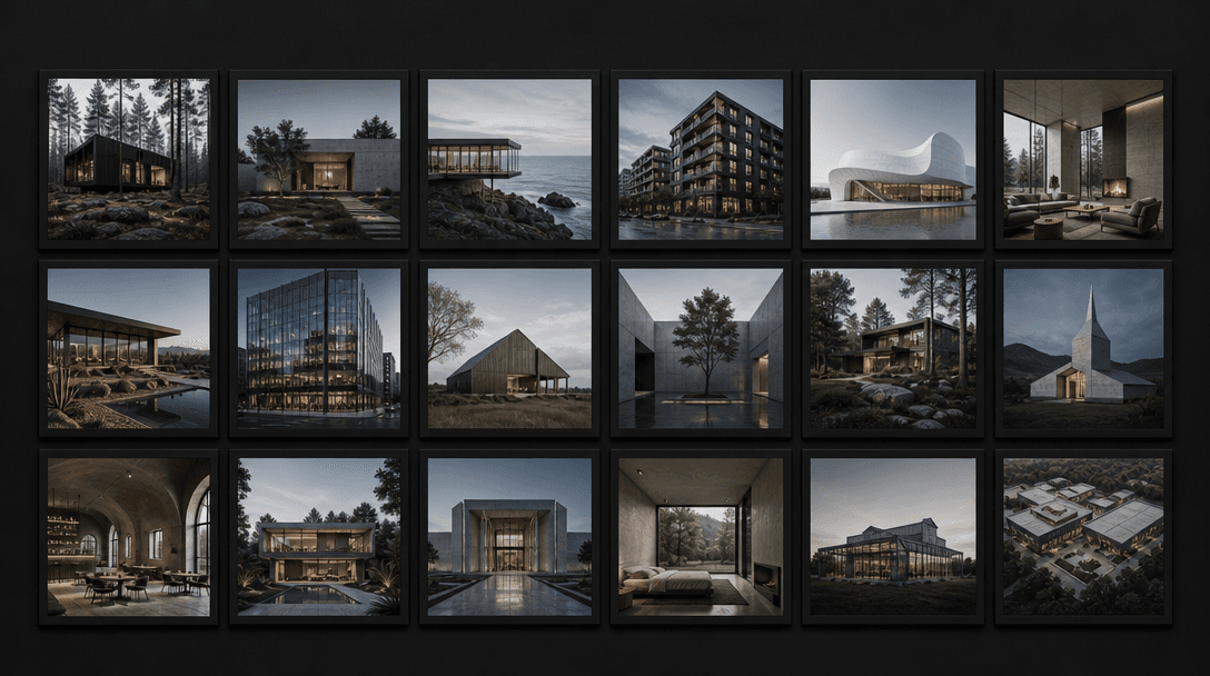 Overhead flat-lay of a curated grid of small architectural render thumbnails — various building typologies, all treated