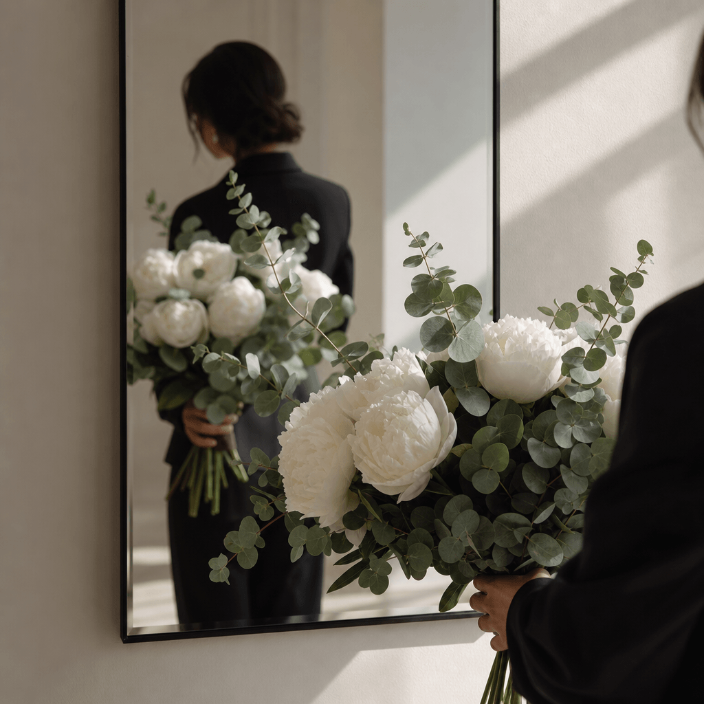 A loose bouquet of white peonies and eucalyptus reflected in a minimalist hallway mirror, anonymous figure in a tailored