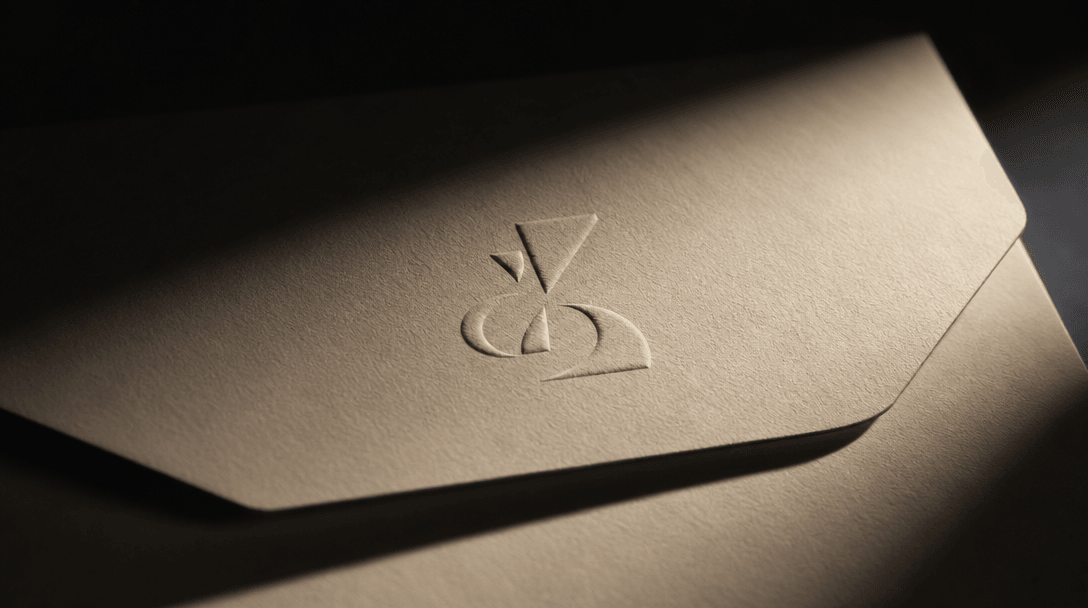Extreme close-up of a cream envelope embossed with an abstract brand mark, a single narrow beam of warm studio light cut