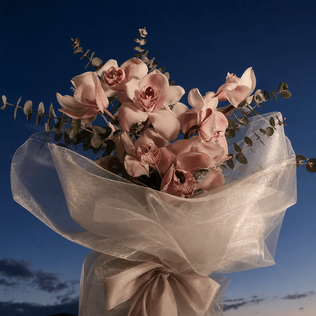 A minimalist bouquet of blush orchids and eucalyptus wrapped in translucent ivory fabric, photographed from below agains