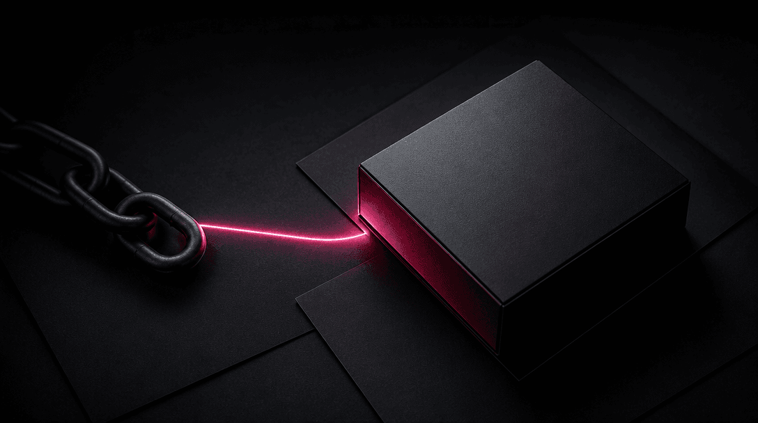 A premium product package resting on layered black paper beside a softly illuminated chain-link motif that suggests a co