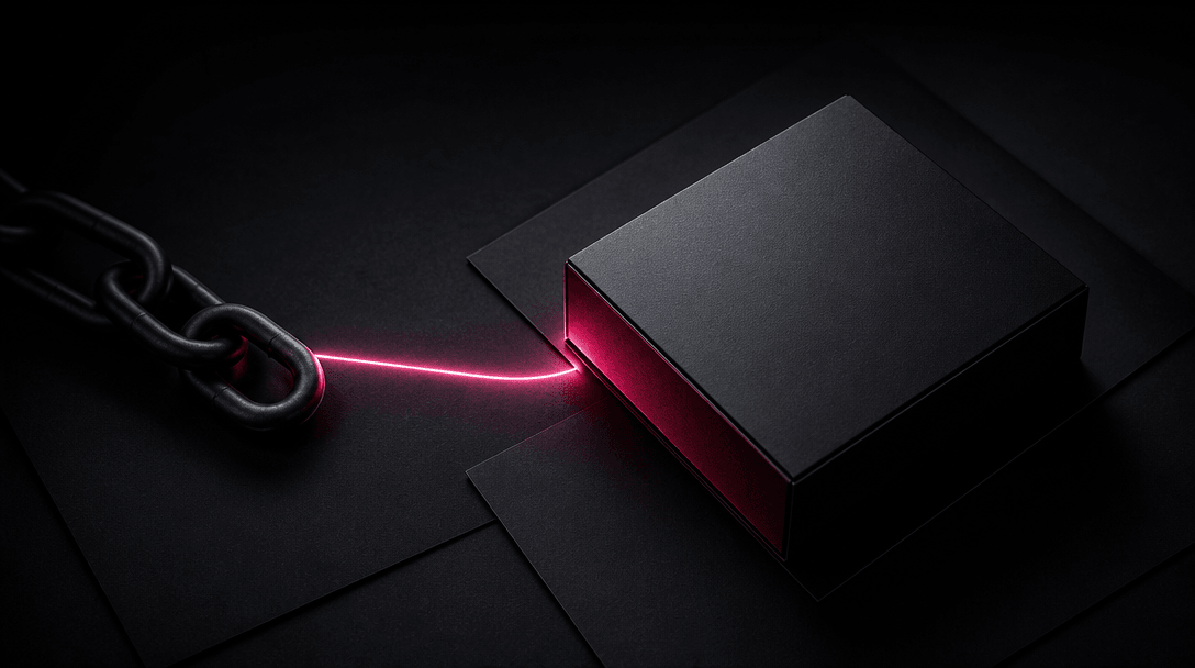 A premium product package resting on layered black paper beside a softly illuminated chain-link motif that suggests a co