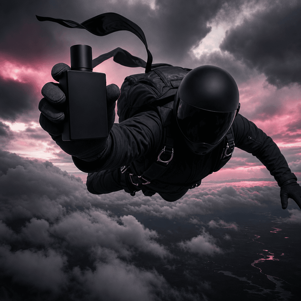 An anonymous skydiver revealing a sleek matte-black fragrance bottle above a stormy cloud layer, straps and fabric movin
