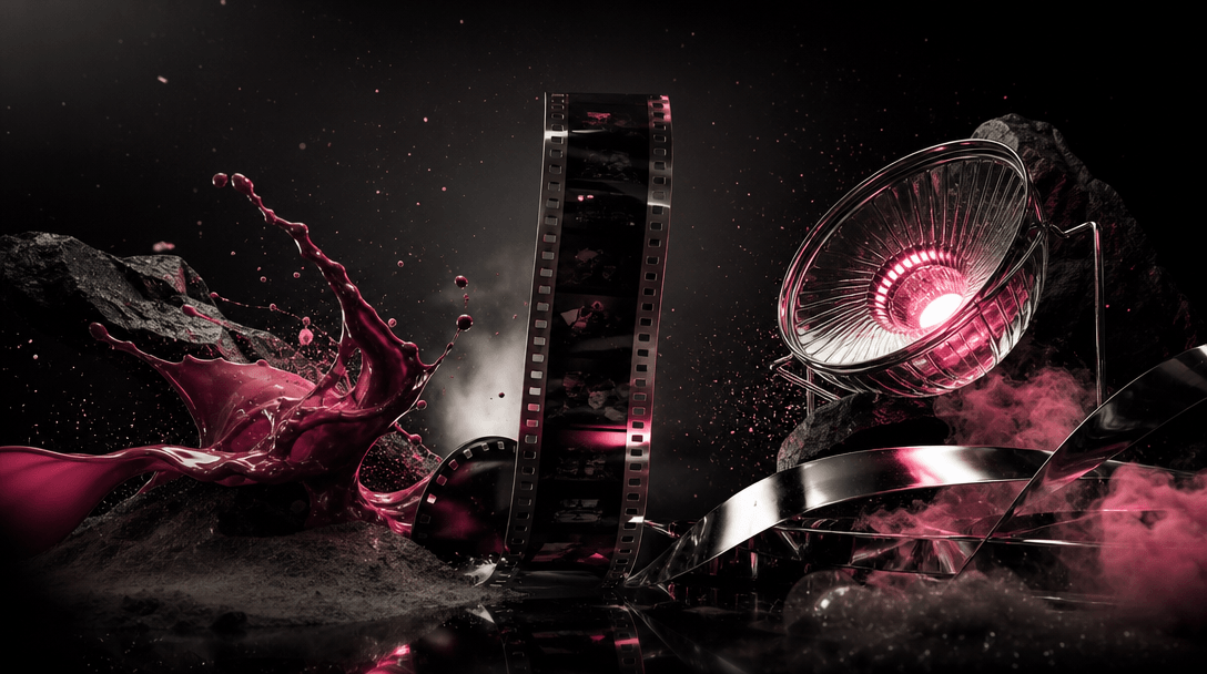 A cinematic arrangement of several distinct creative materials converging around one hero product: a strip of film, scul