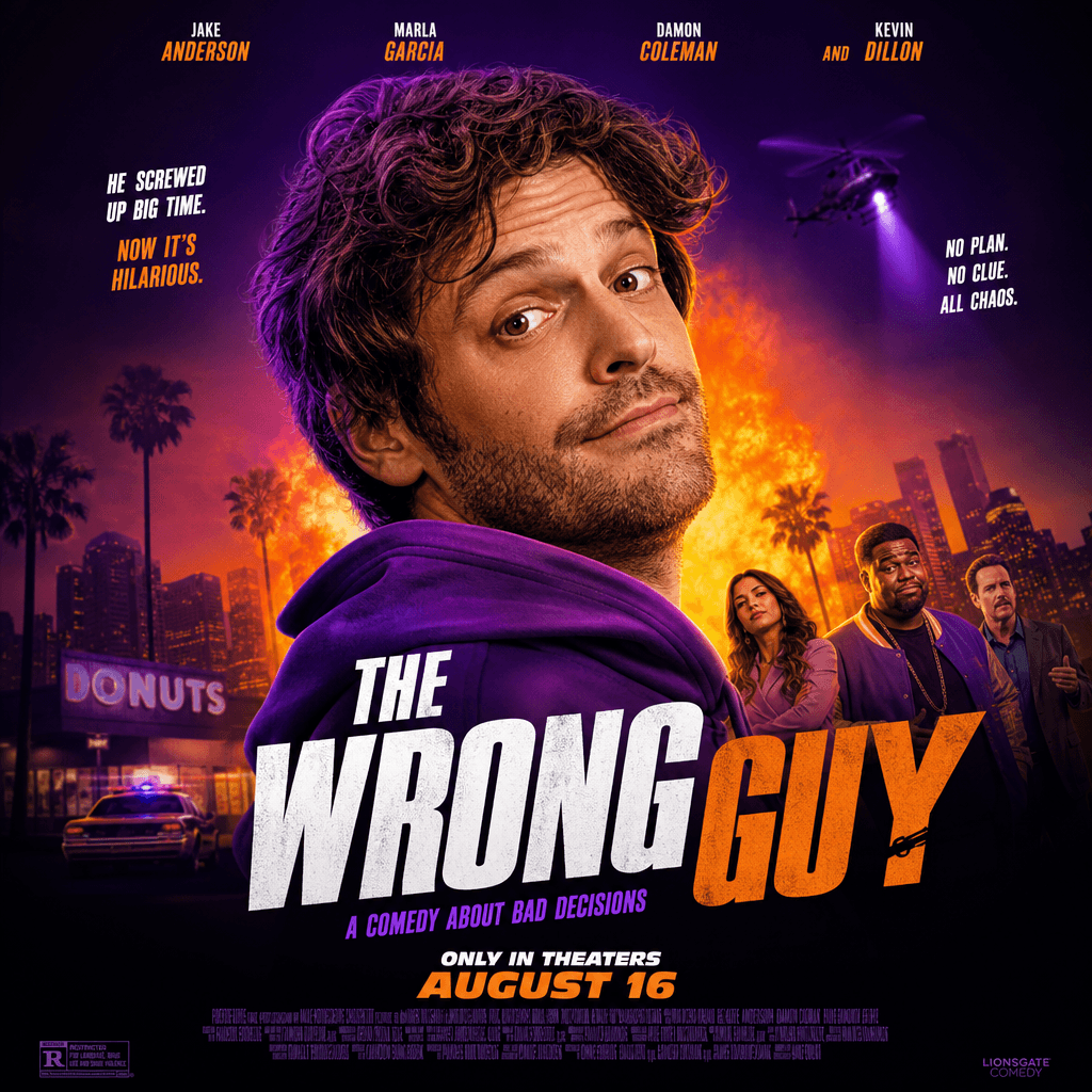 Comedy movie poster with different person's face. Vibrant purple and orange tones, dramatic shadows, sharp movie title t