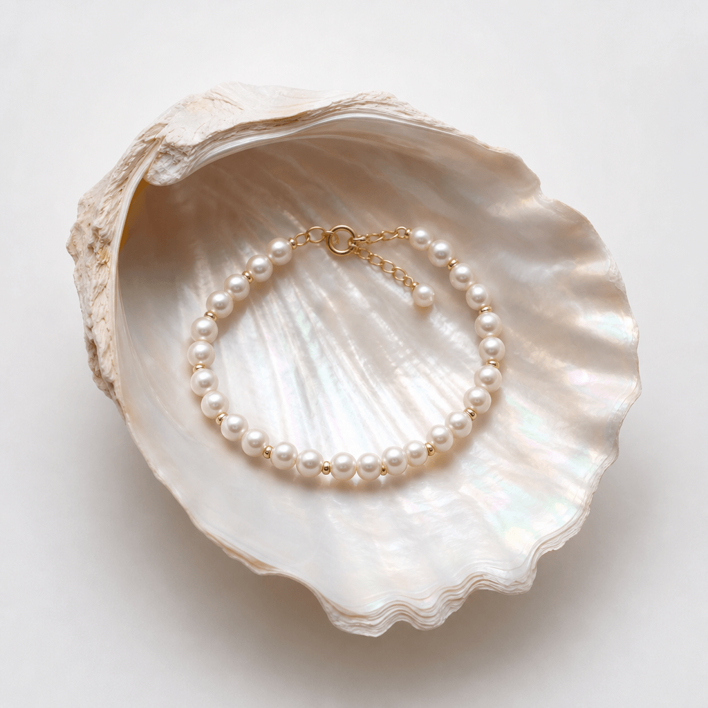 Delicate pearl bracelet inside an iridescent mother-of-pearl shell. Soft diffused lighting, minimalist white background,