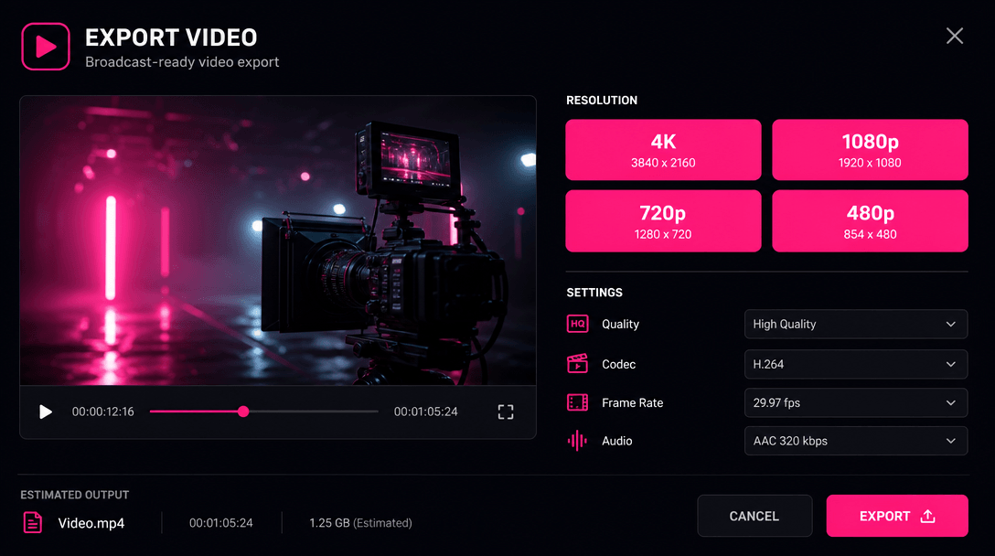 Broadcast-ready video export concept with dark background near #0A0A0F. Hot pink #FE28A7 buttons labeled with resolution